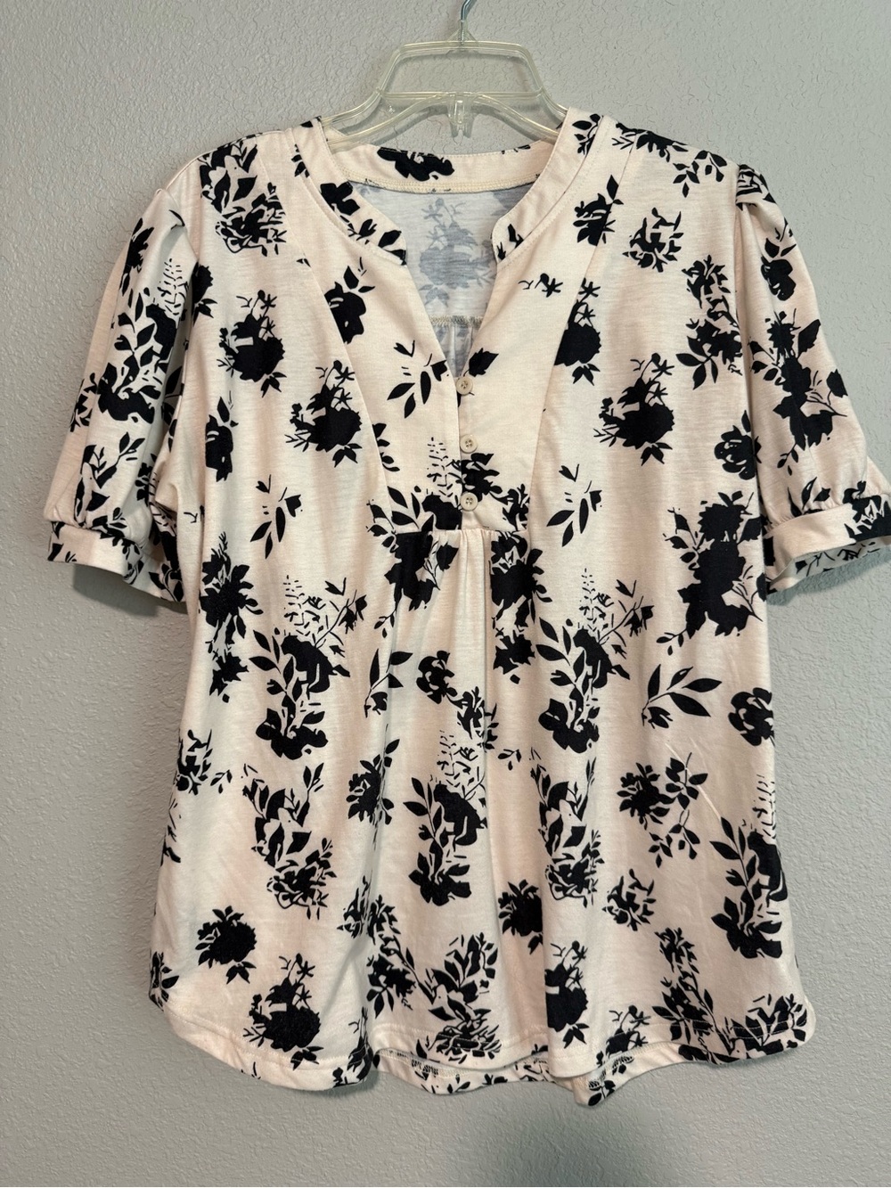 Black Floral Short-Sleeve Blouse on Cream - Women’s Top